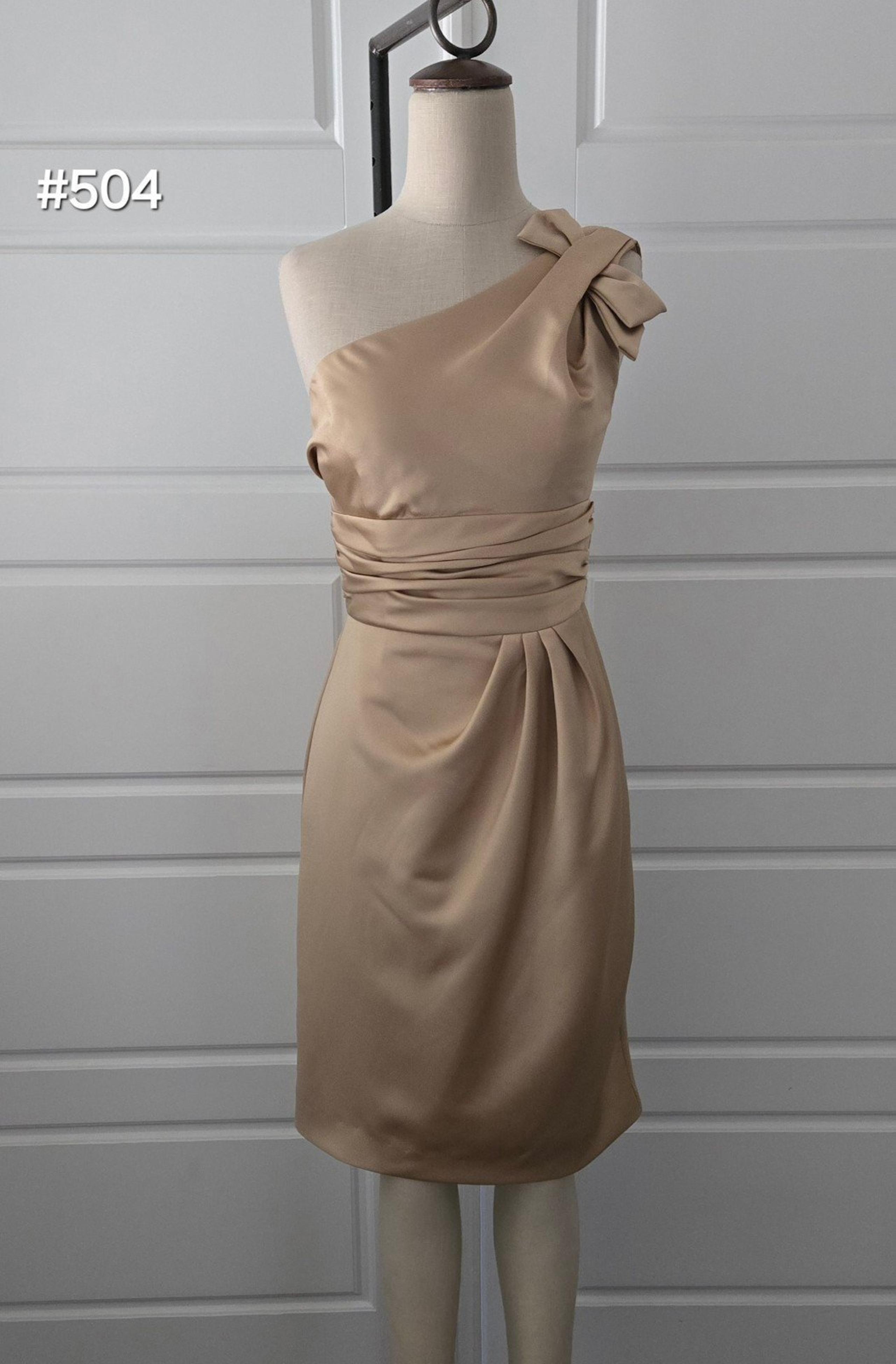 David's Bridal Tan Satin One-Shoulder Midi Formal Dress