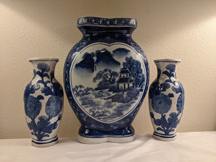 Three Vintage Chinese Porcelain Blue & White Wall Vases (1 Rare Double + A Pair)
