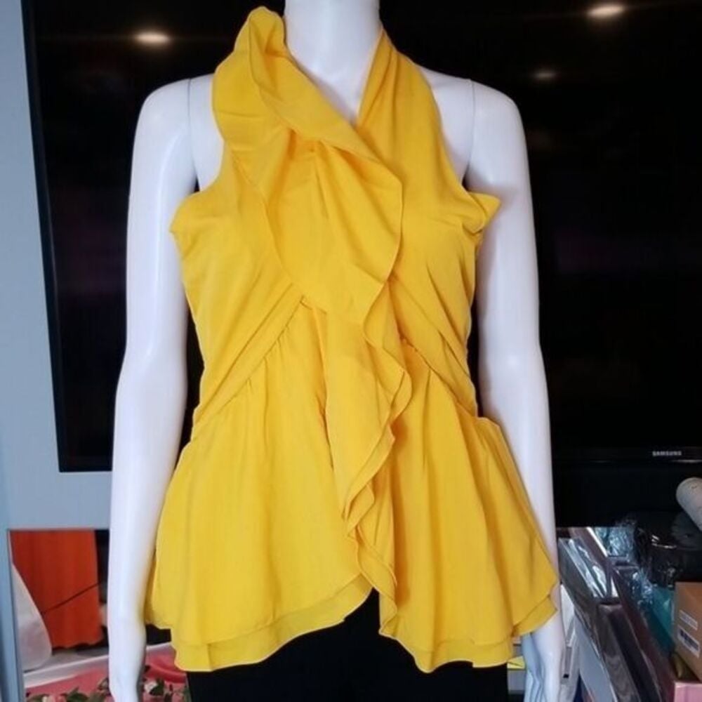 chic Yellow Layered Ruffle Trim Overlap Shirred Halter Top Size XL RefB118
