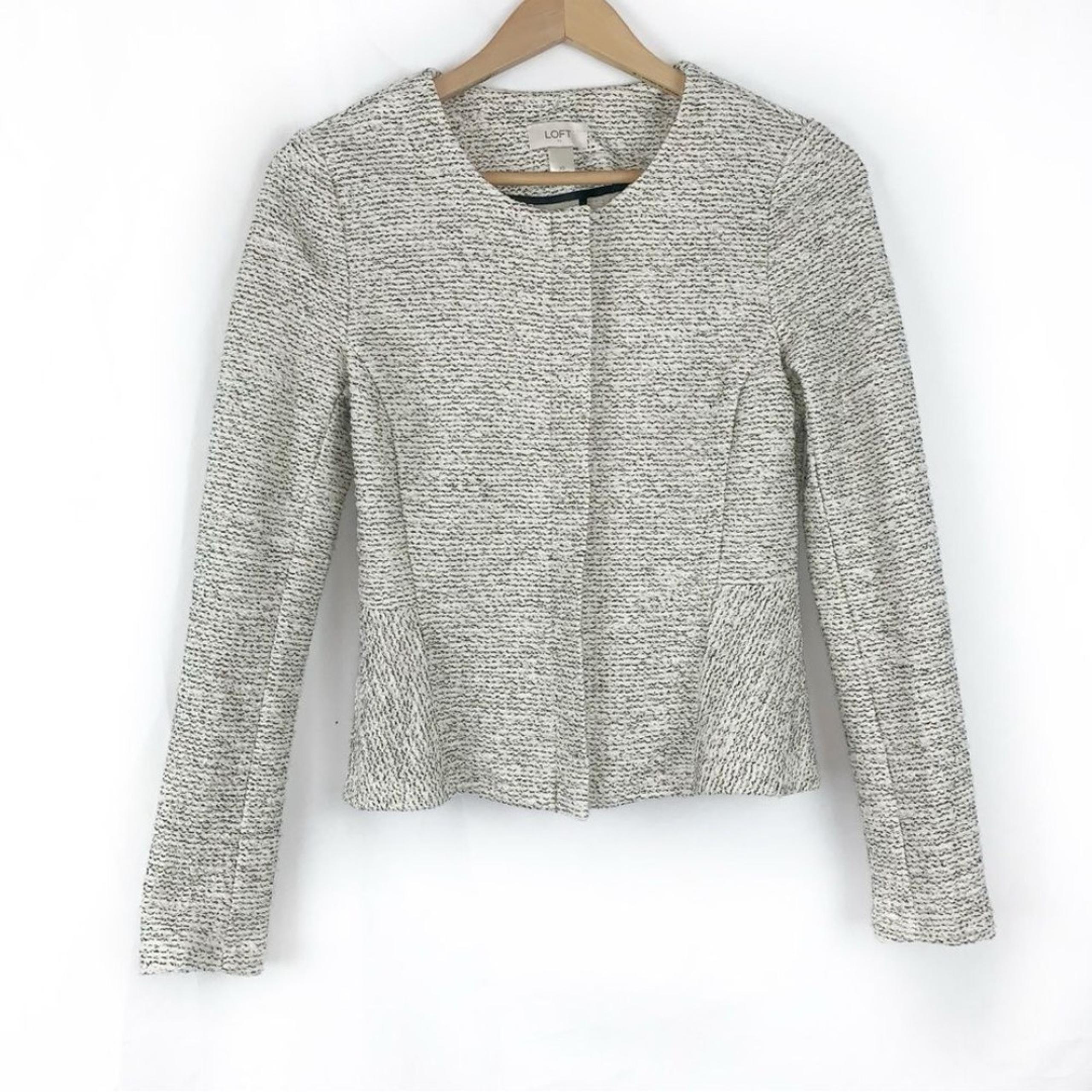 LOFT Black White Marled Knit Tweed Peplum Zip Front Blazer Jacket, Size XS