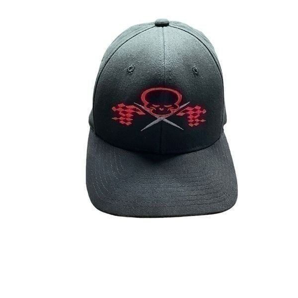 No Fear Hat Skull Flag Flex Ball Cap Black Red Stitching Small/Medium