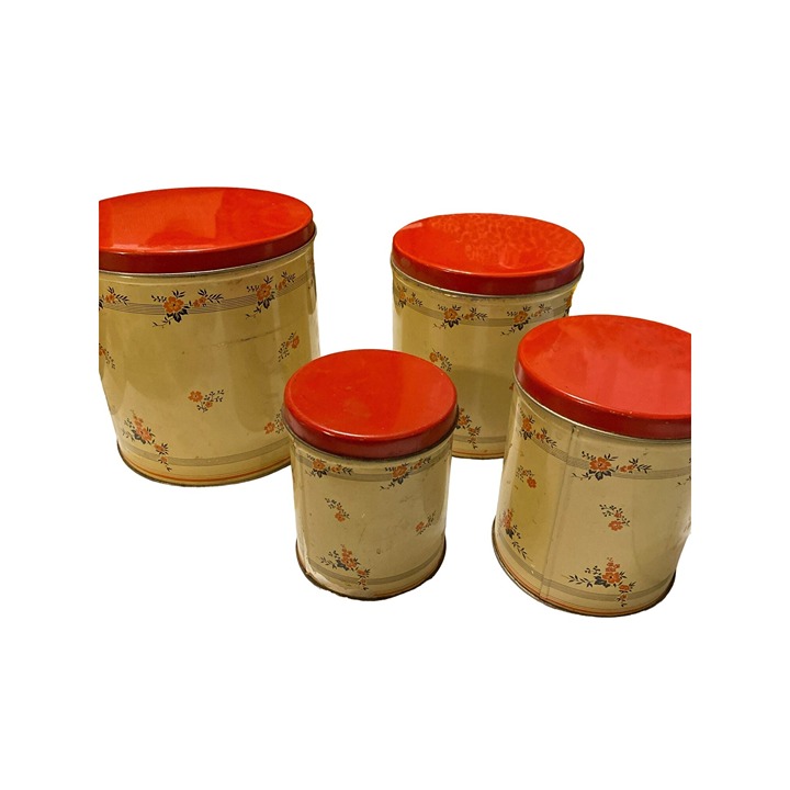 Vintage Set of 4 red floral print tin canisters photo prop