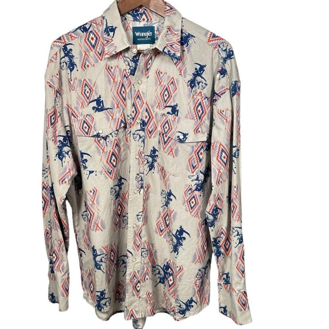 Vtg. Wrangler Western Horse Print Pearl Snap Cowboy Shirt Size Large Aztec