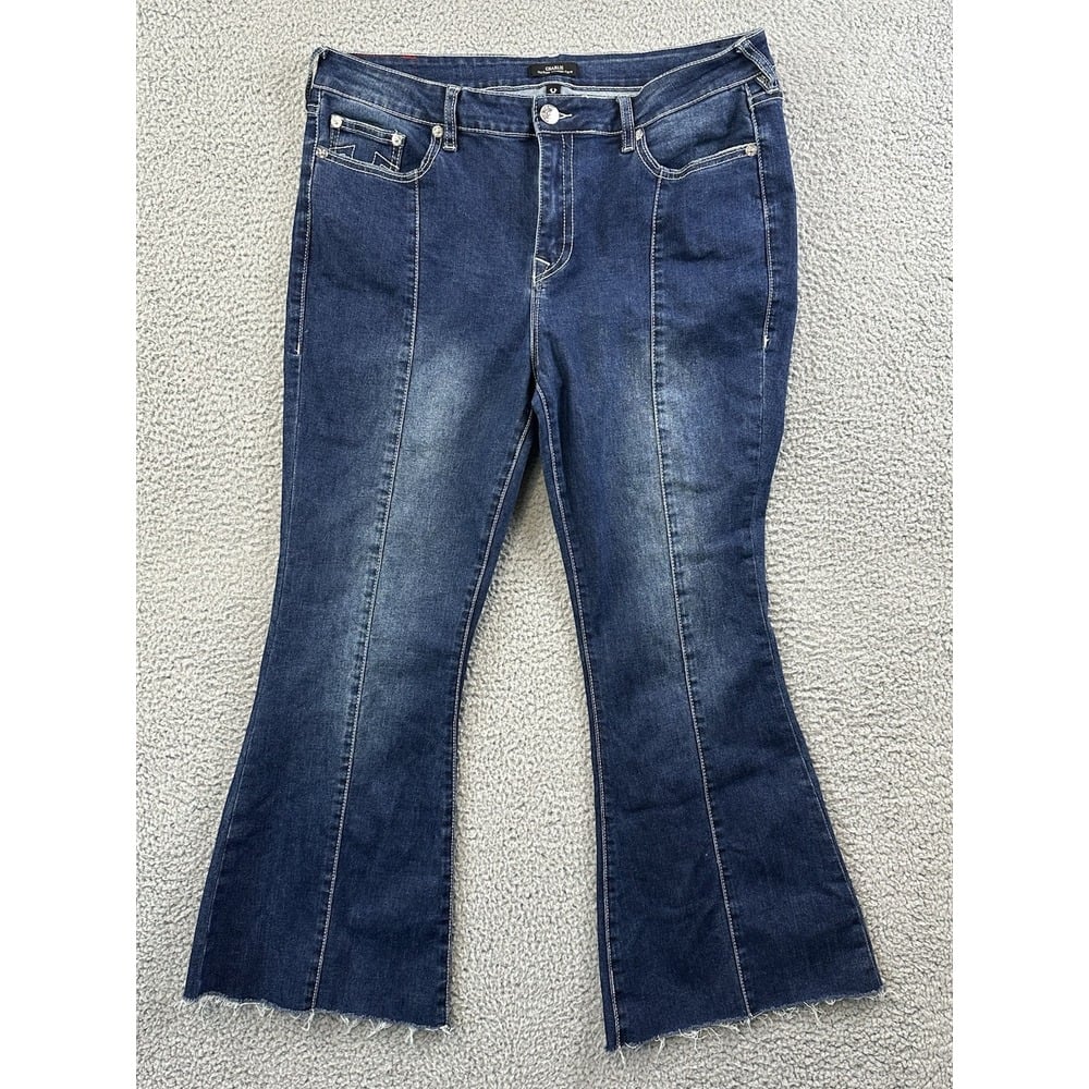 True Religion Charlie Jeans Womens 34 Mid Rise Vintage Flare Dark Wash Raw Hem