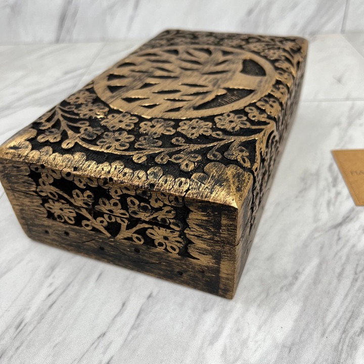 Handicraft Handmade Wooden Jewelry Box Black Gold Tone 8” x 4.5”