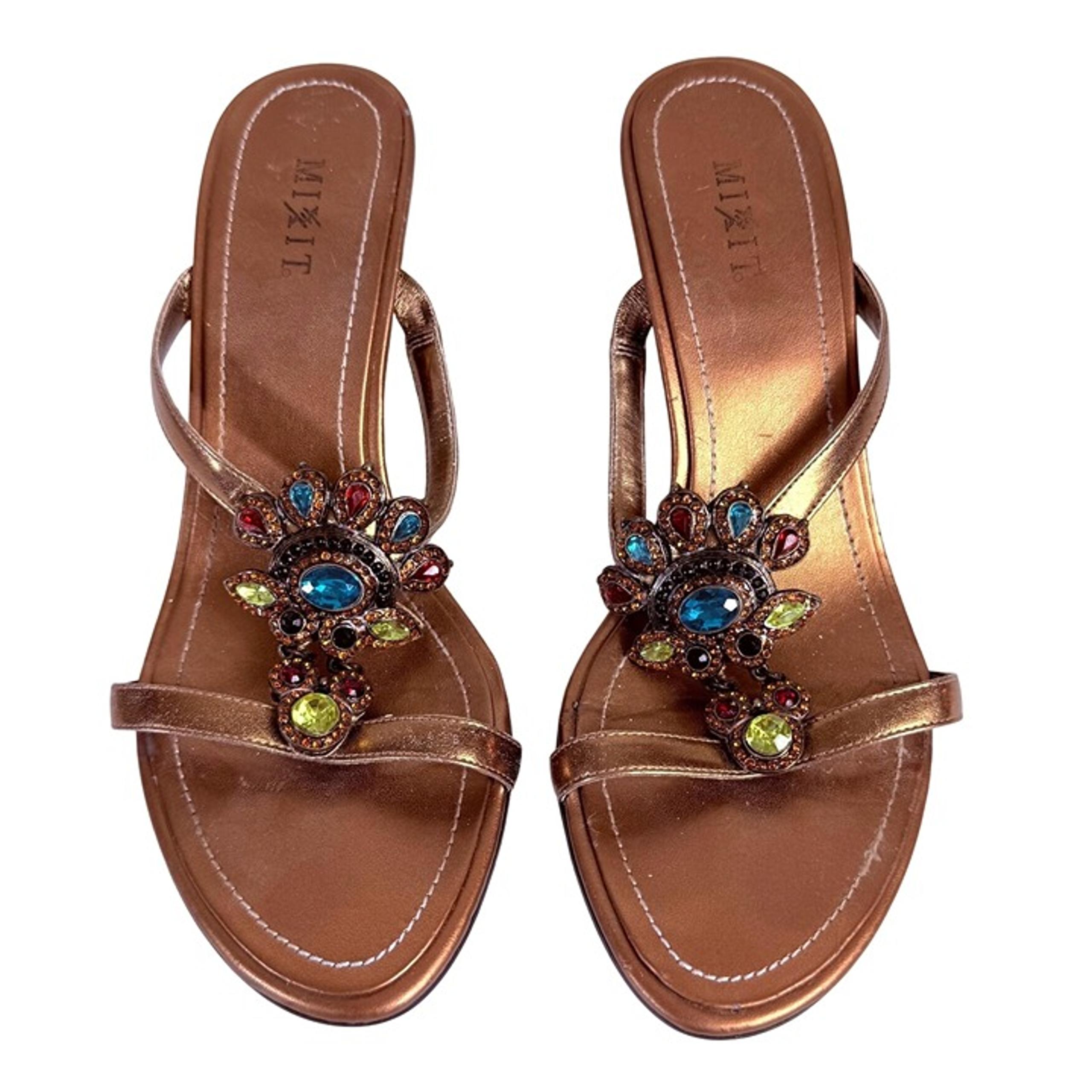Bronze Strappy Sandals Peacock Rhinestone Accents Kitten Heels Size 8 By MixIt