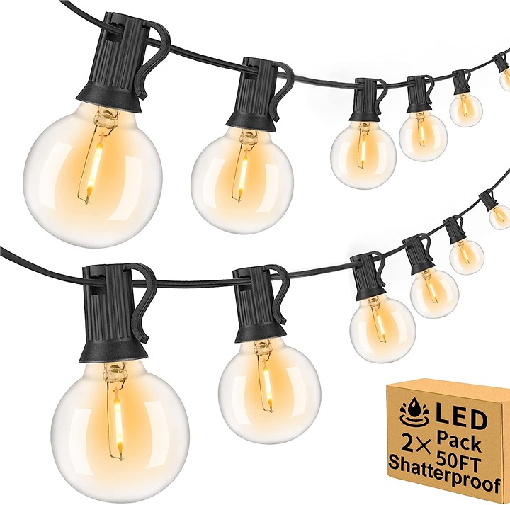 100ft (50ft*2) 2-Pack Outdoor String Lights Waterproof with 52 LED Dimmable Bulb