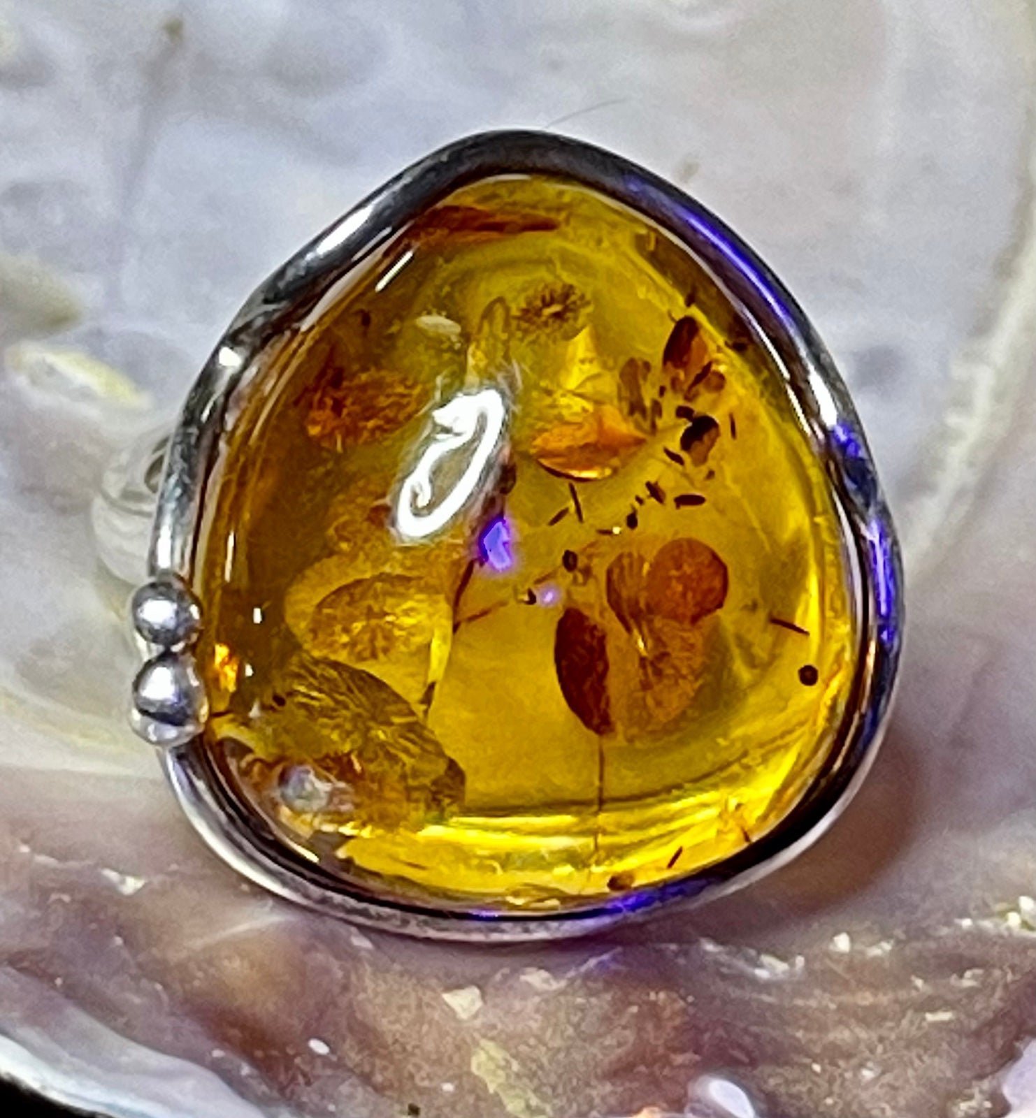 Large Golden Baltic Amber Sterling Silver Ring-NEW