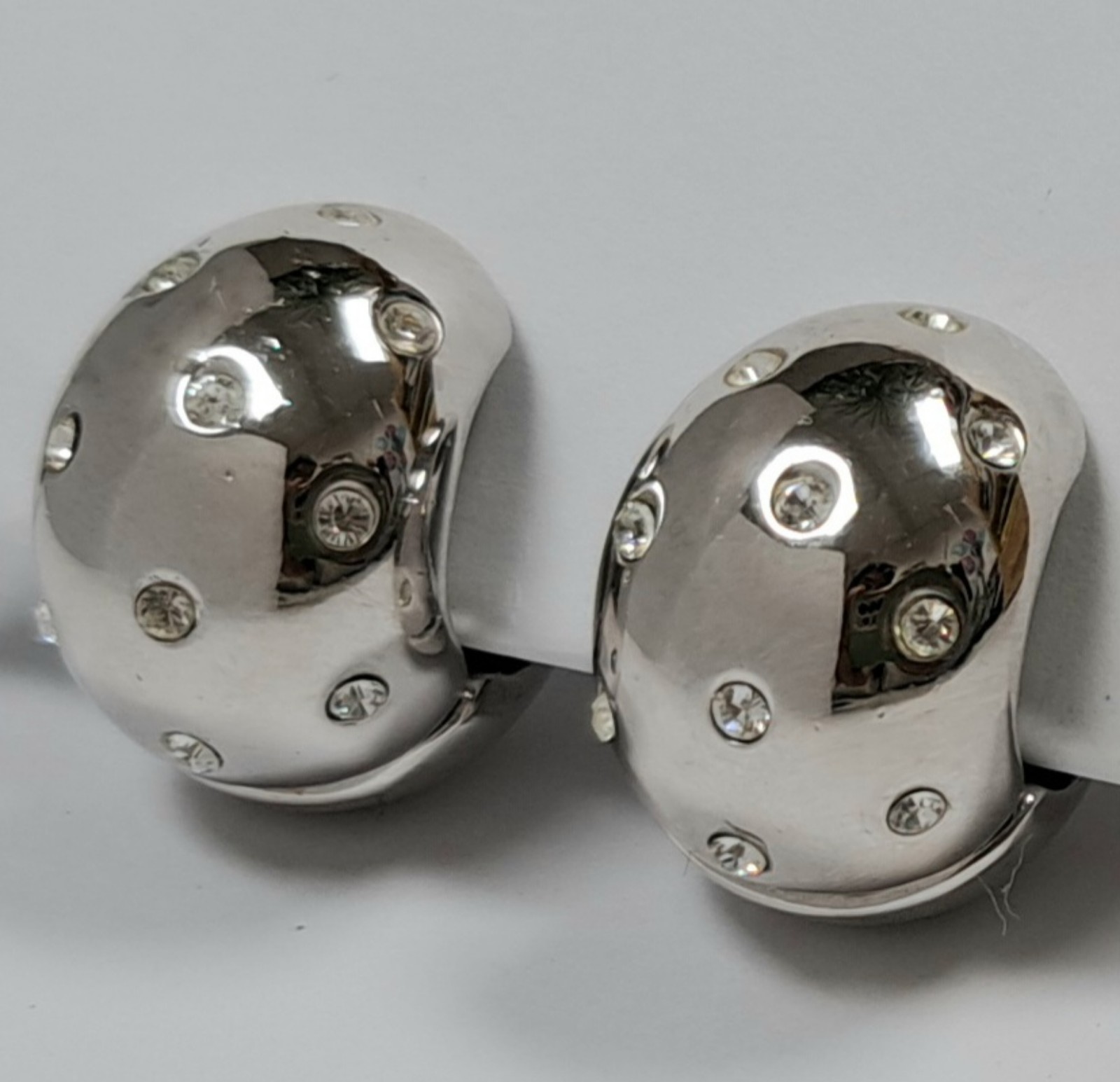 VINTAGE 80'S-90'S ERWING PEARL CHUNKY SILVER/CLEAR RHINESTONES CLIP EARRINGS