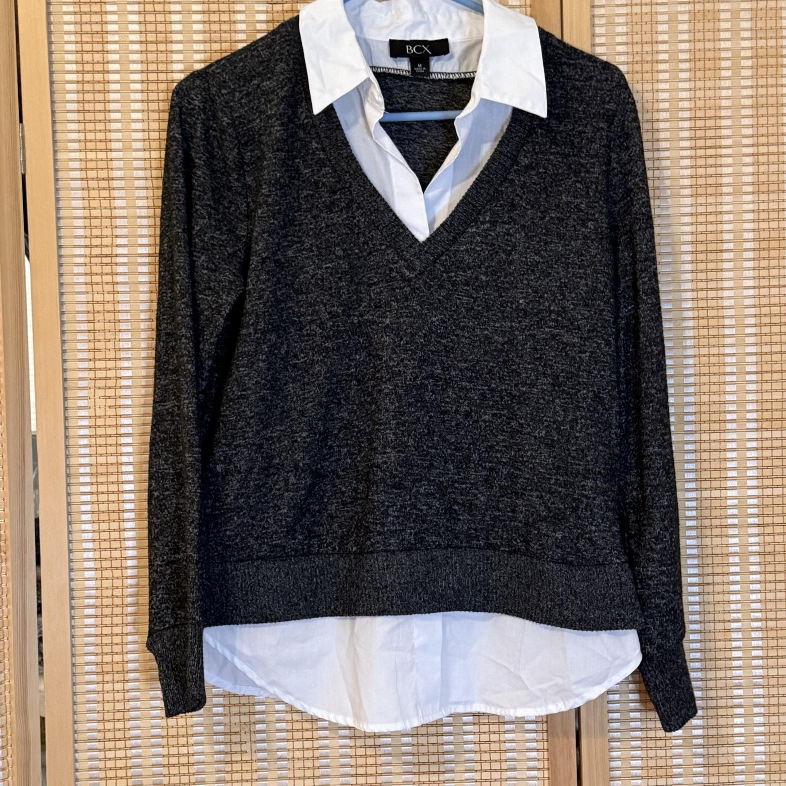 BCX Womens M Gray White Long Sleeve Stretch Layered Sweater Preppy Office