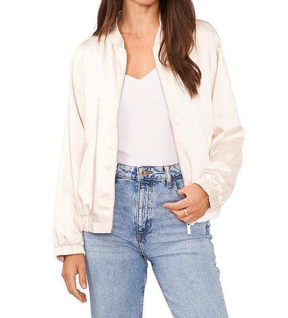 Vince Camuto Textured Satin Banded Collar Long Sleeve Zip Front Bomber Jacket