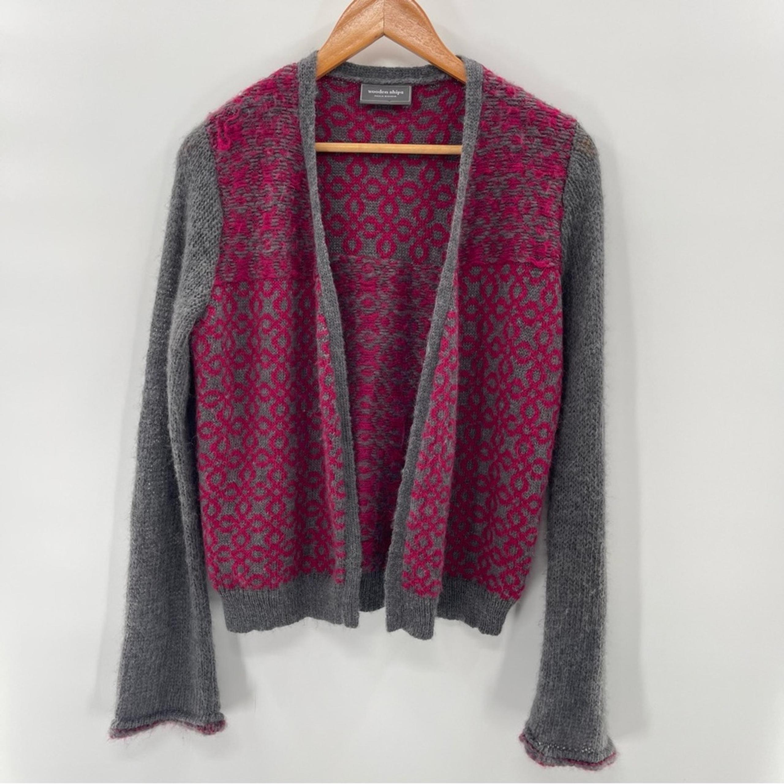 Wooden Ships Mohair Wool Blend Gray Pink Soft Open Cardigan Sweater Size M/L