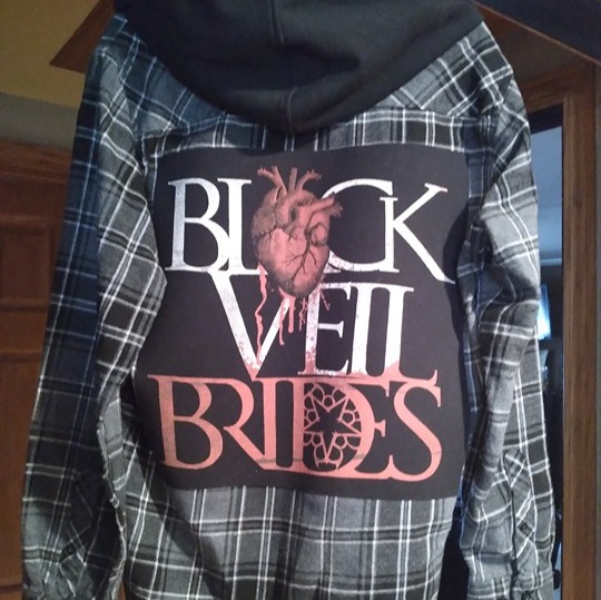 upcycled hooded flannel shirt w/ vintage BLACK VEIL BRIDES back patch