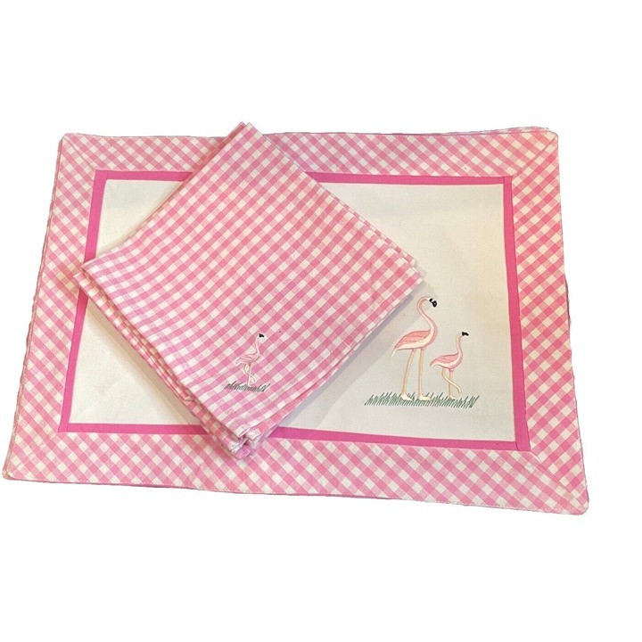 Pink Gingham Flamingo Placemats W/Cloth Napkins Set Of 8 Cotton Beach Summer