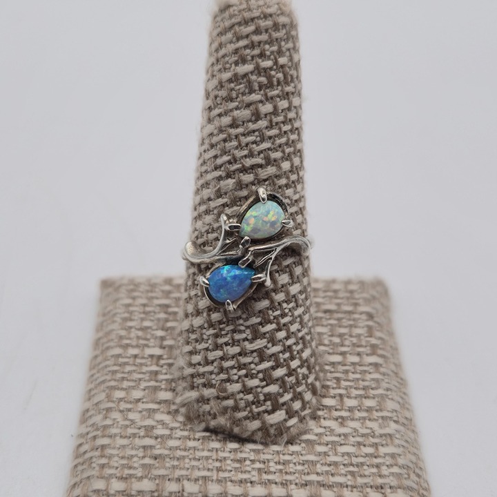 Size 8.25 Sterling Silver Unique Blue And White Opal Rustic Ring A4167