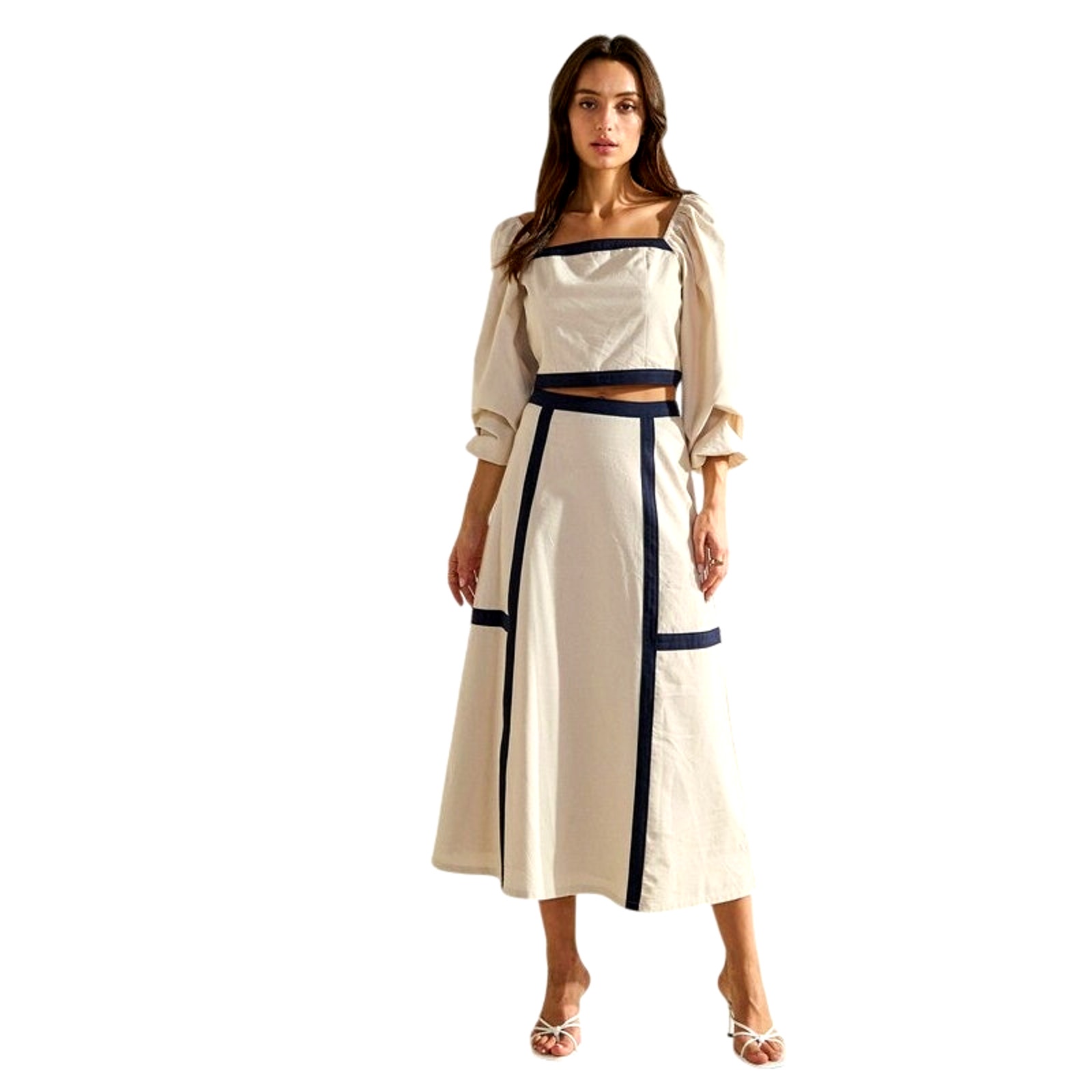 ABLE Women's Small Sand Navy Blue Contrast Trim Square Neck Top Midi Skirt Set