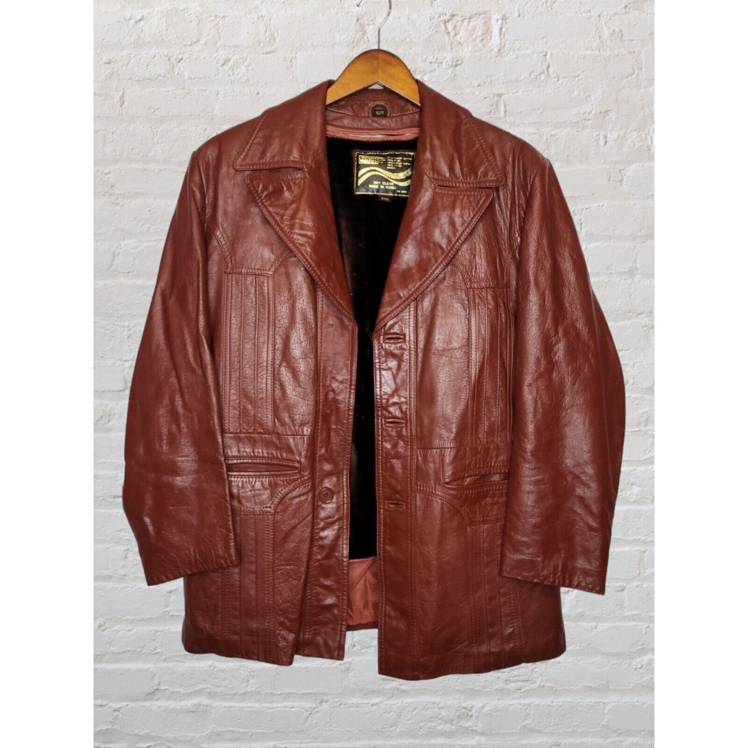 Vtg 70s Montgomery Ward 42R Brown Cowhide Leather Jacket Disco Mobster Retro