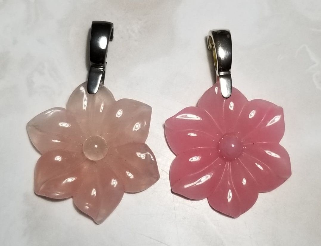 2 Pink Jade Rose Quartz big Flower sterling pendant set necklace