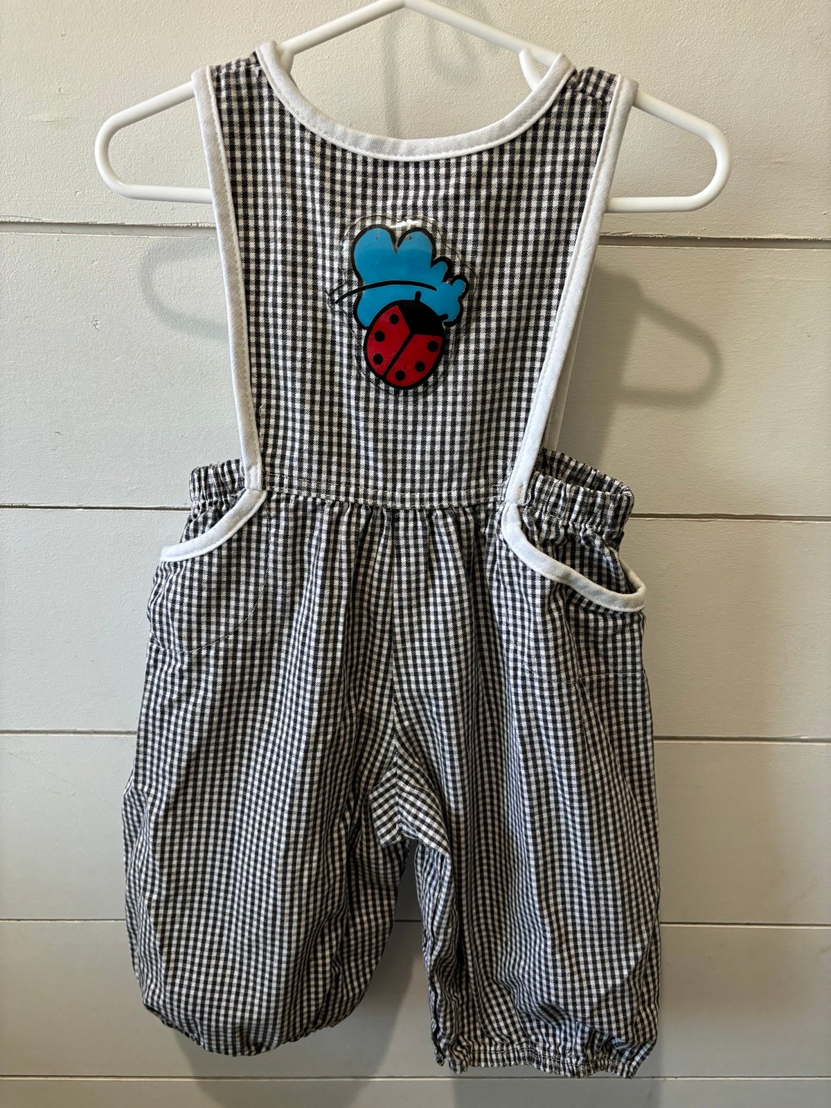 Vintage OshKosh Black and White Gingham Baby Romper with Ladybug Patch Size 12M