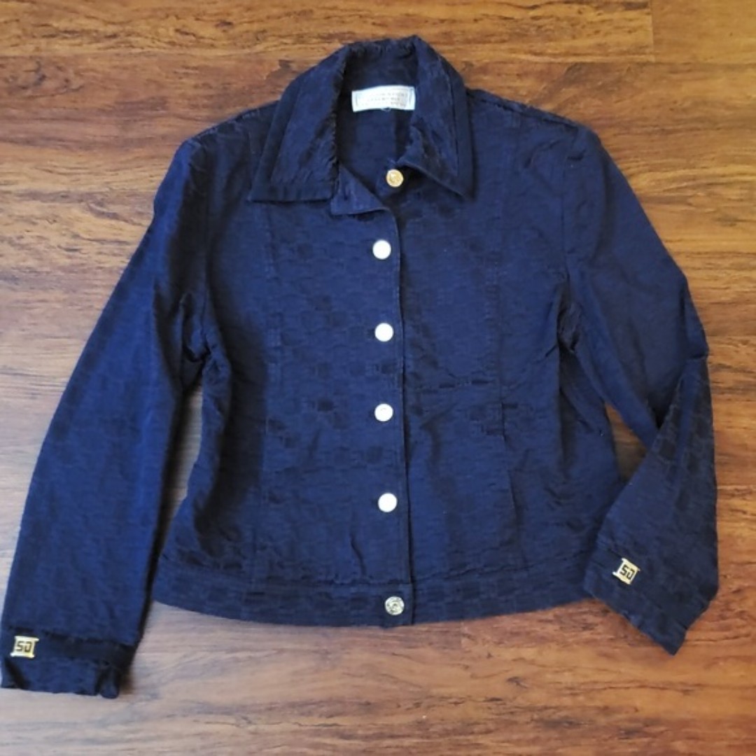 St John Iconic Blue Blazer Jacket Gold Black Button Down Size Medium