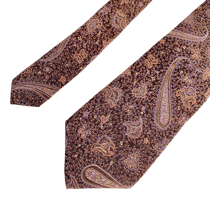 Toni Perini For OBriens Mans World Paisley Serica Silk Tie Brown Purple 56in Vtg