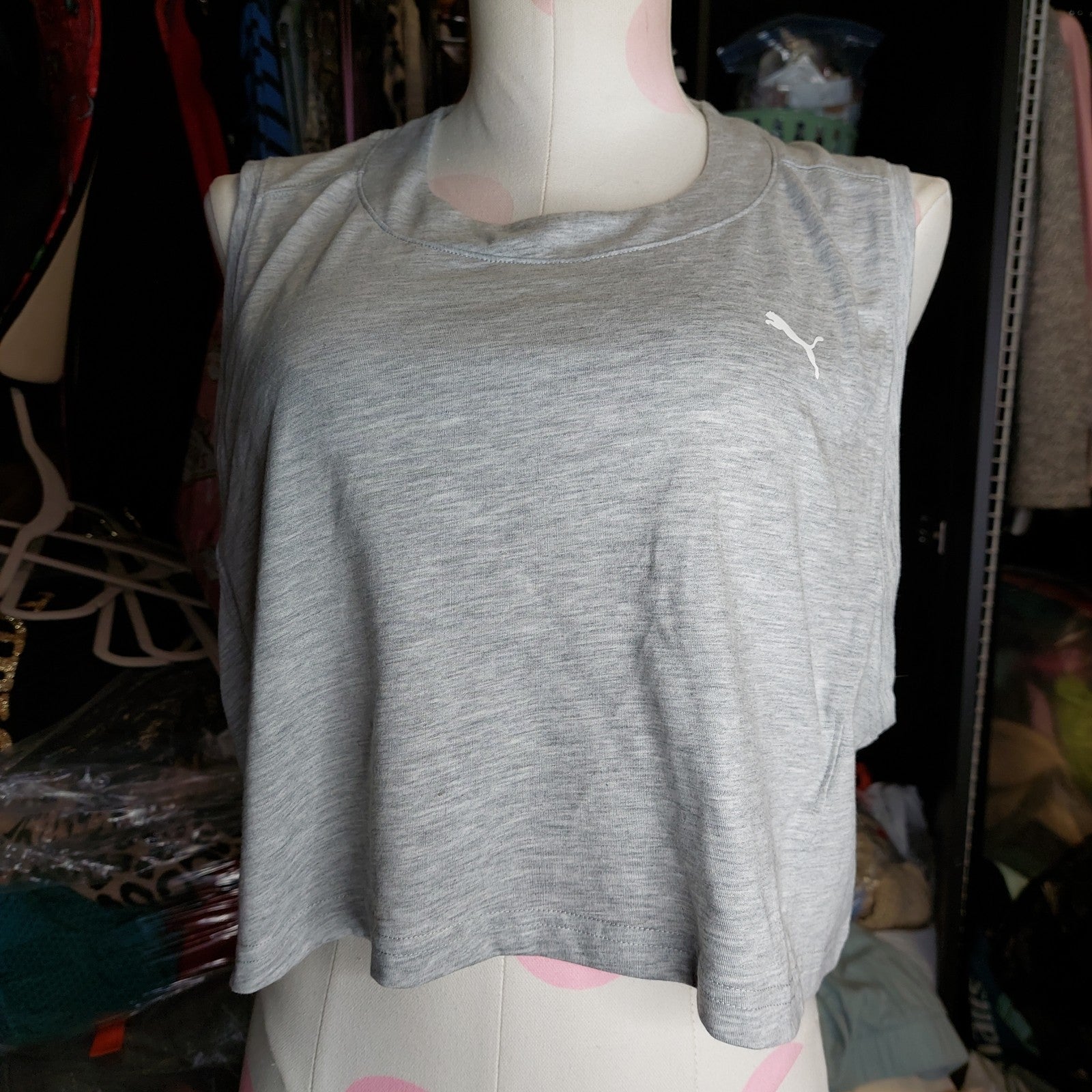 Puma Crop Tank Top Gray Grey Mesh CROPPED Workout XL Athletic Gym Athleisure