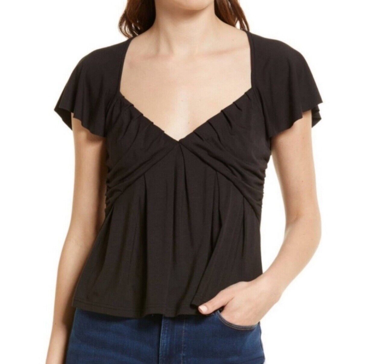Frame Shirred Flounce Top In Black Sz Lg New