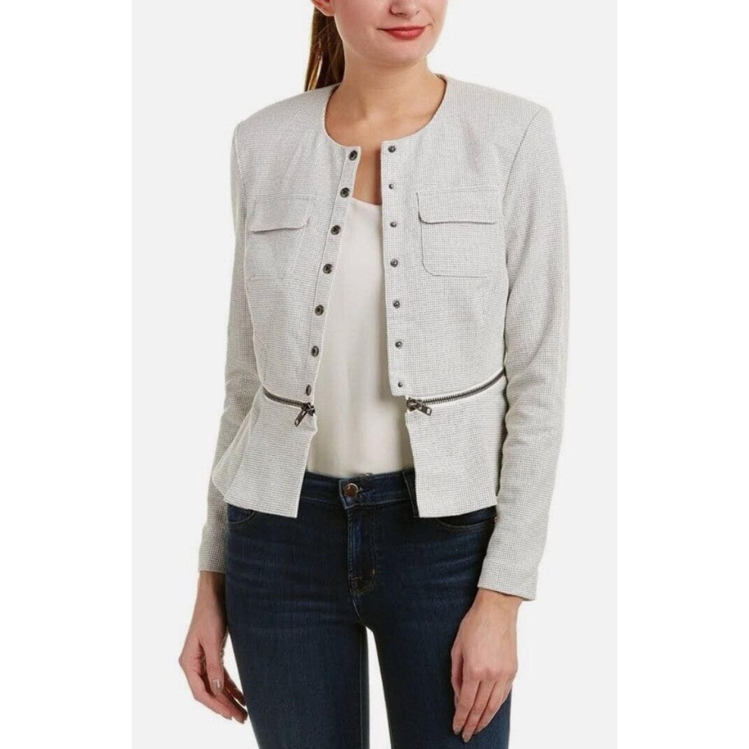CAbi Zip Line Peplum #205 Jacket White Black Grid Women Sz 2 Snap Close