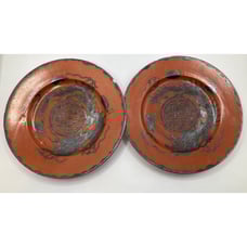 Set Of 2 Vintage Japanese Red Coral Porcelain 6 in Plates Black Dragon Signed