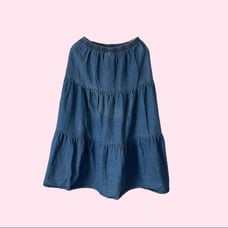 Vintage Teddi Skirt Denim Jean Tiered Modest Midi Cotton Elastic Waist Flare EUC