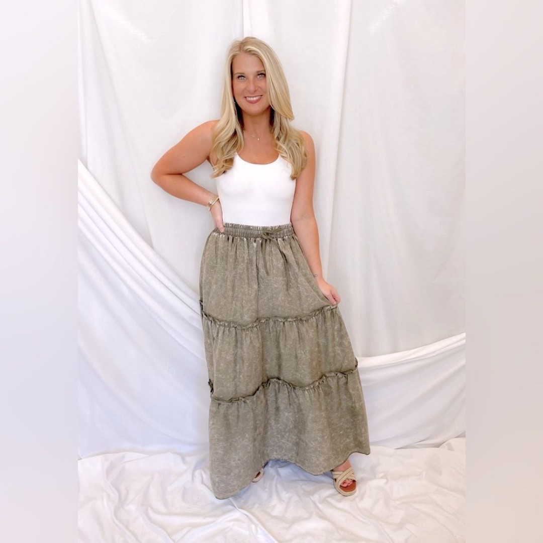 NEW! Zenana Woven Acid Wash Tiered Ruffle Maxi Skirt
