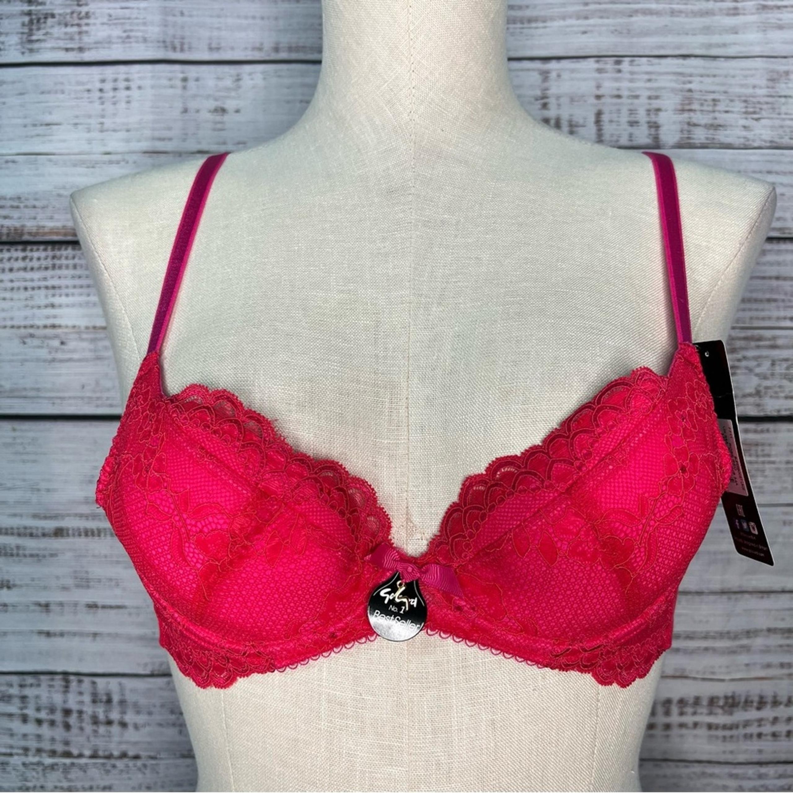Gossard 34A Superboost Lace Padded Plunge Bra Rose Red Pink Underwire Mesh