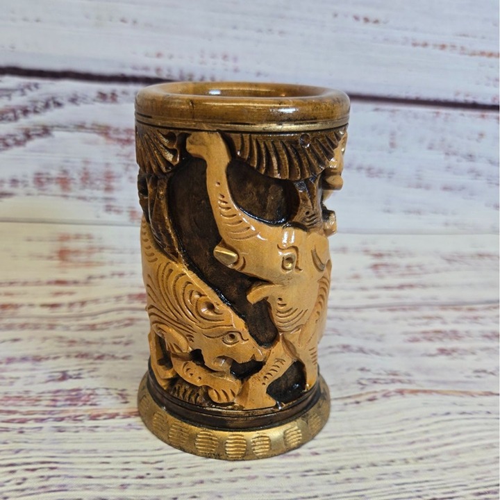 Handcrafted Elephant & Lion Carved Wooden Cylinder Pen holder Safari Elephant