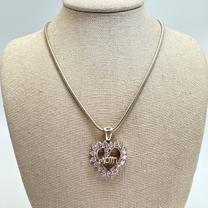Sterling Silver 925 Cubic Zirconia Mom Heart Pendant Necklace Size 16 Length