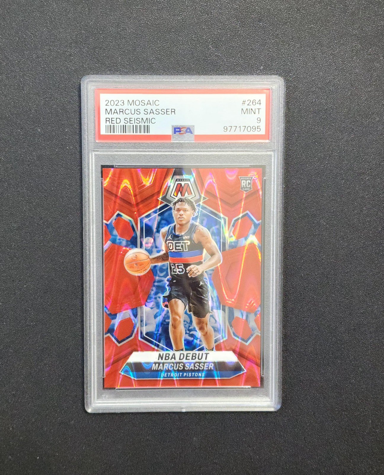 PSA Graded 9 Mint 2023 Mosaic Marcus Sasser Red Seismic Rookie Prizm Card /299