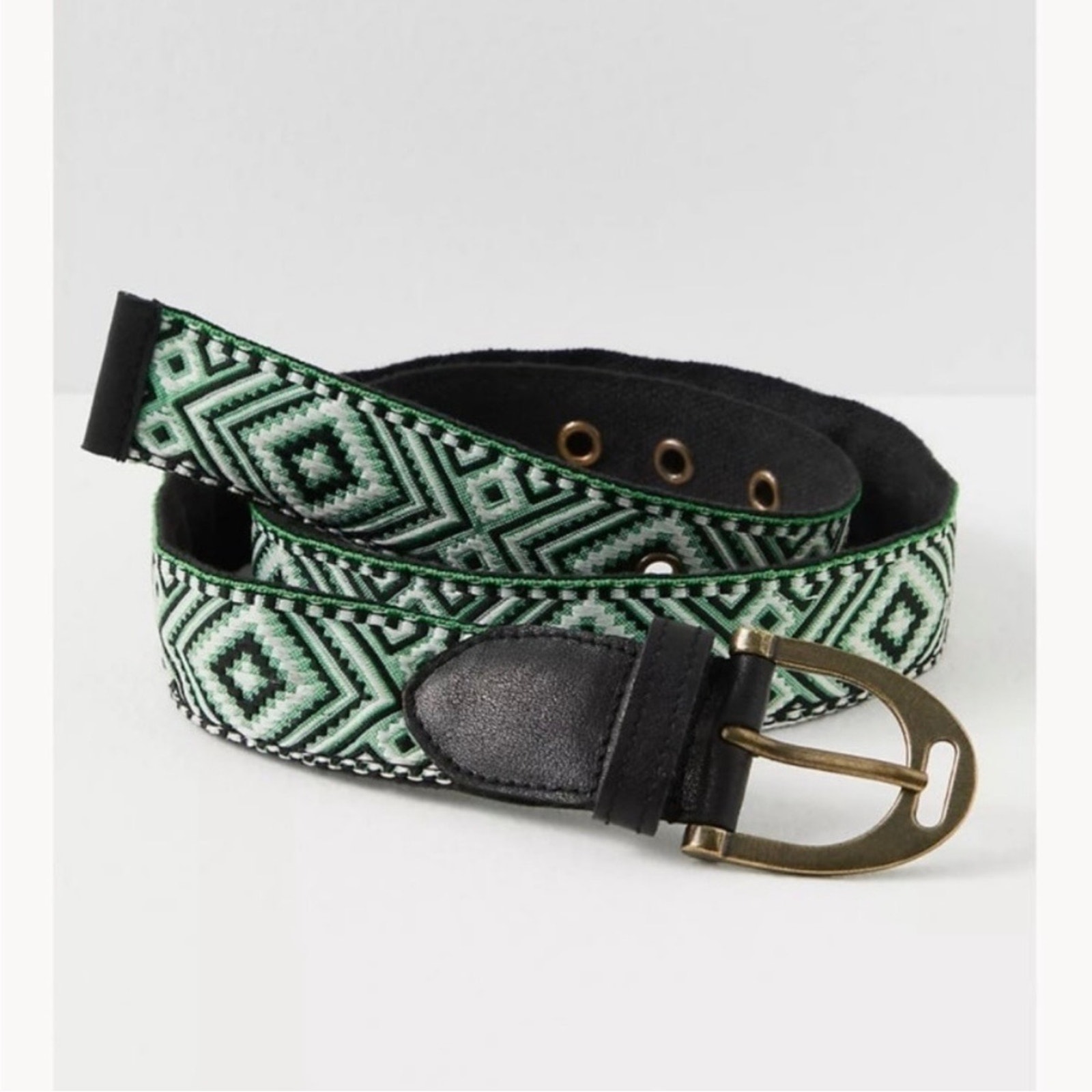 Free People Moving To Mars Cotton Leather Aztec Print Belt Green Size M/L