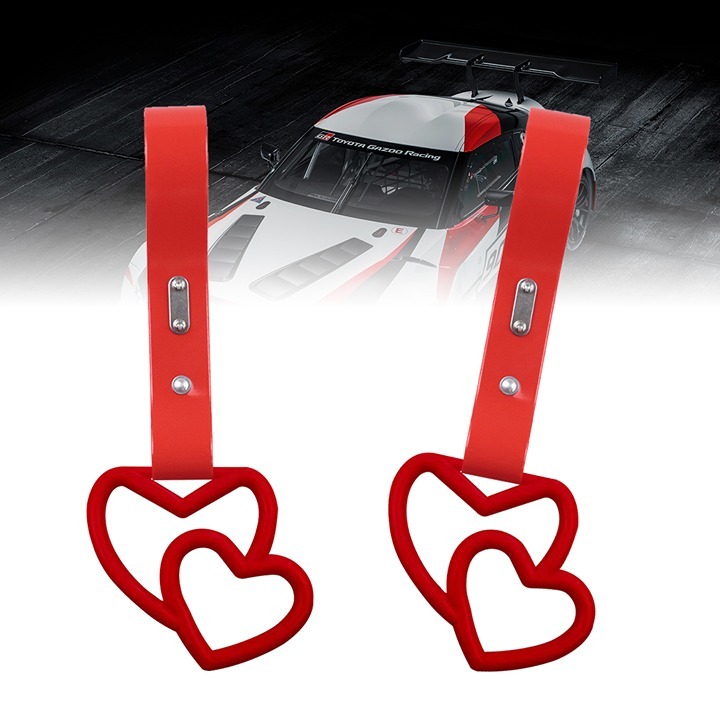 NEW 2PCS DOUBLE LOVE HEART RED JDM TSURIKAWA RING Red Handle Strap Drift