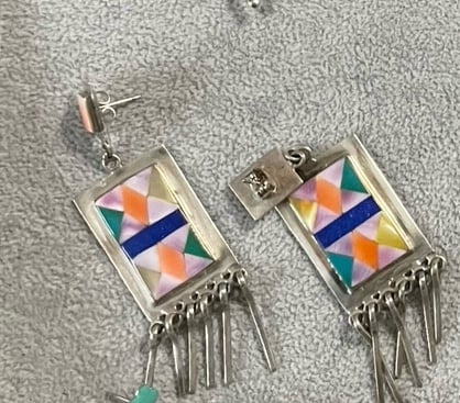 Native American Sterling Silver Geometric Multi Stone Inlay Stud Dangle Earrings-