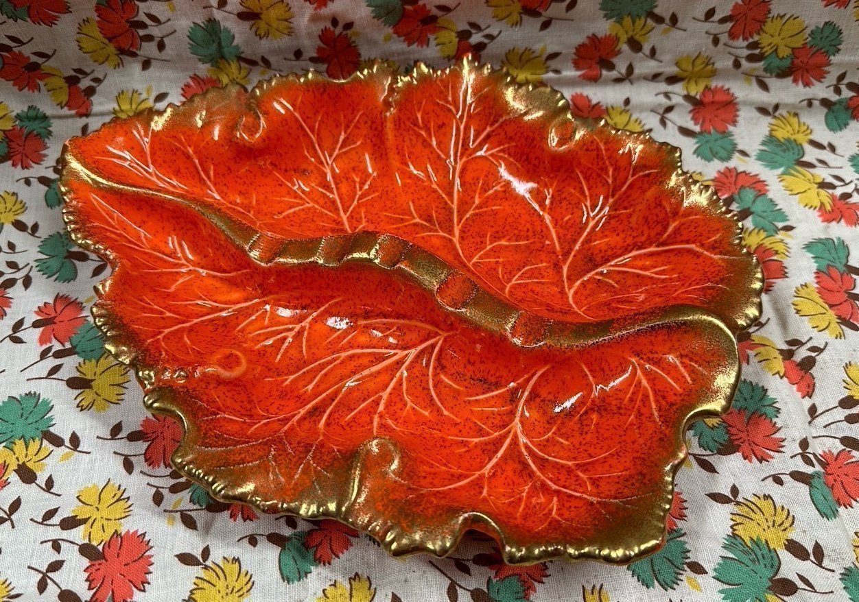 Mid century, oversize orange and gold leaf shaped ashtray, USA