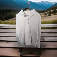 Men's Eddie Bauer LG Tweed Knit Sweater Button Neck Cotton Wool Blend Ivory Mock