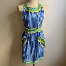 Vintage 1960s Bib Apron w Parrot Eyelet Adjustable Blue Green Yellow One Size