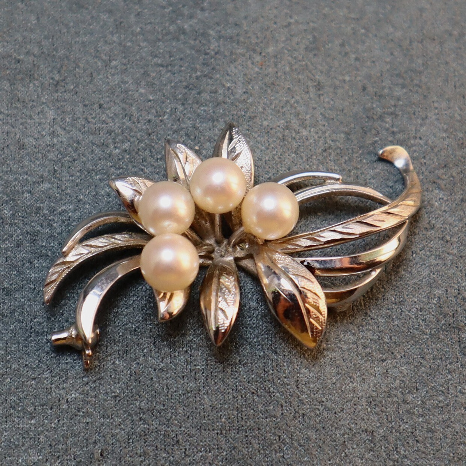 Vintage Pearl Sterling Floral Spray Engraved Brooch Pin