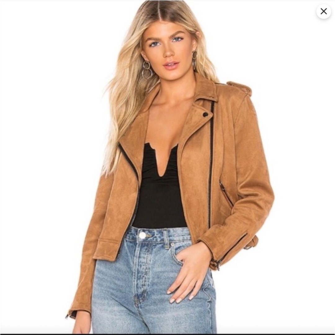 Revolve Superdown Tanya Suede Brown Tan Moto Jacket Zip Size M