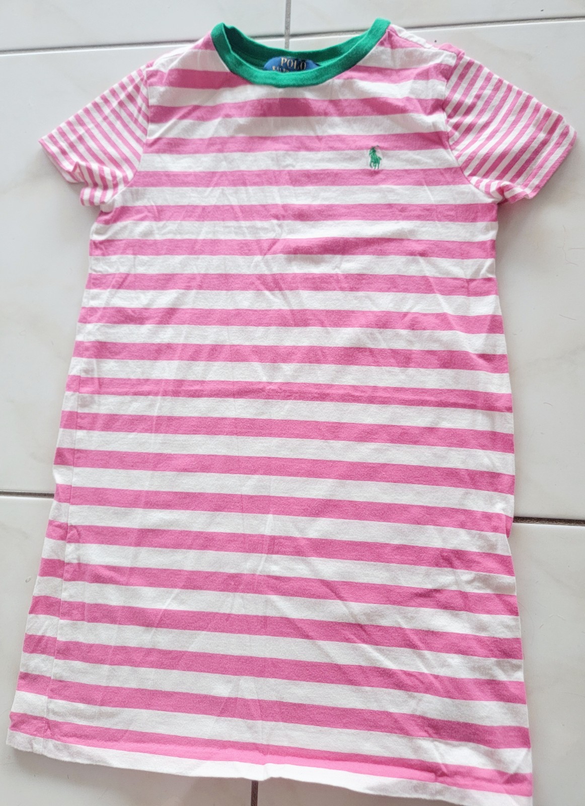 Polo Ralph Lauren Pink White And Green Stripe Short Sleeve Dress Girls Sz 6 RARE
