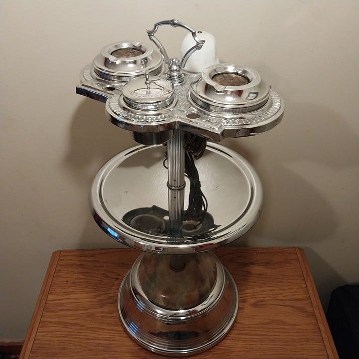 MCM Vintage Two Tier Cocktail Smoking Stand With Working Glass Electric Lighter