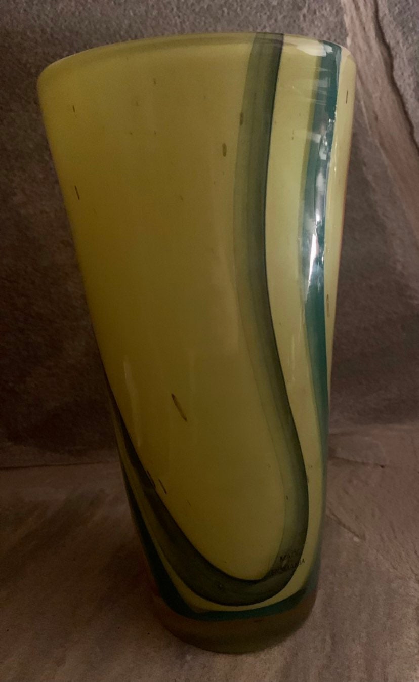 Hand Blown Glass Vase Boho Groovy Green and Orange Swirl Blown Glass Ewer