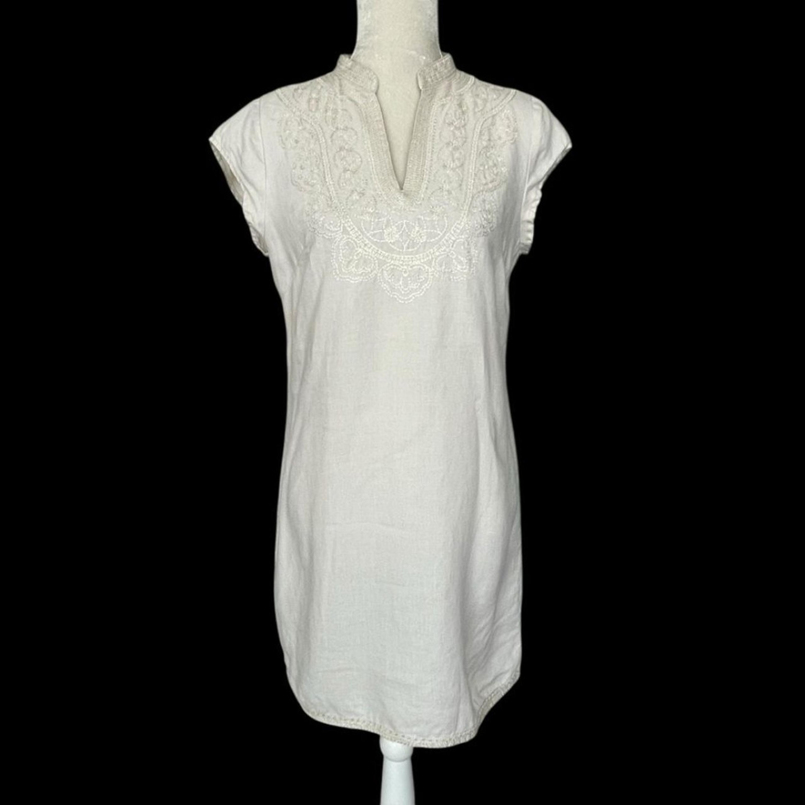 Cynthia Rowley 100% Linen Dress Women’s Size 6 Gold Metallic Embroidered Oatmeal