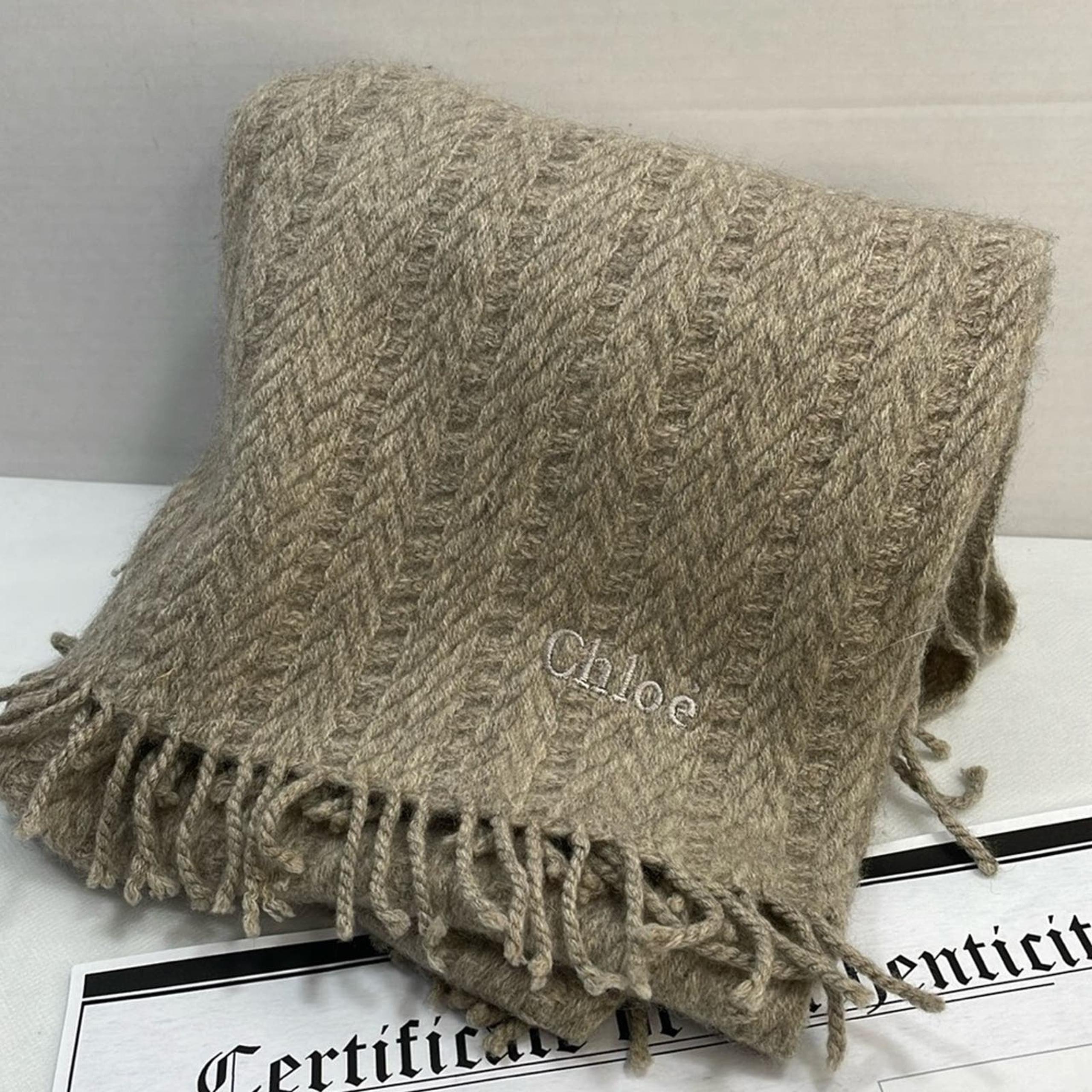 Authentic CHLOE tan knit fringe scarf with COA 18x60”