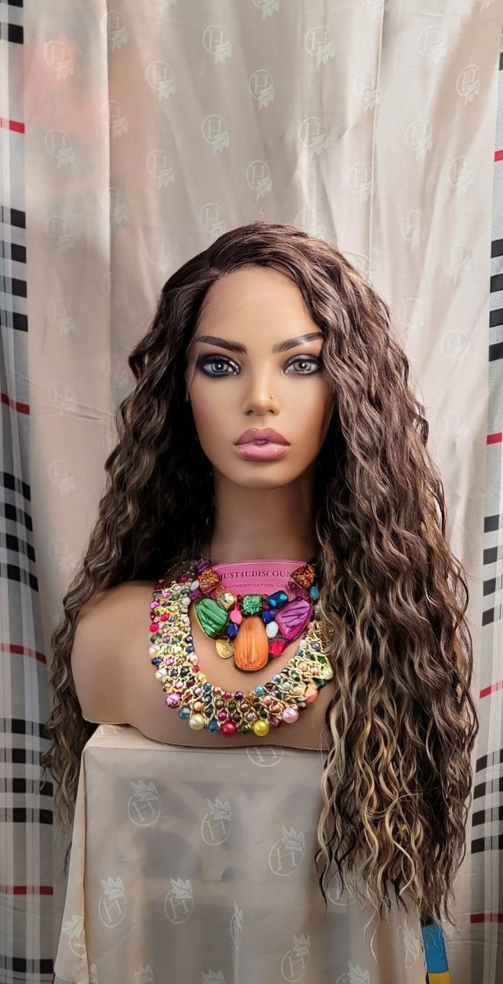 Water wave brown curly h.d lace front wig with balayage blonde ash highlights