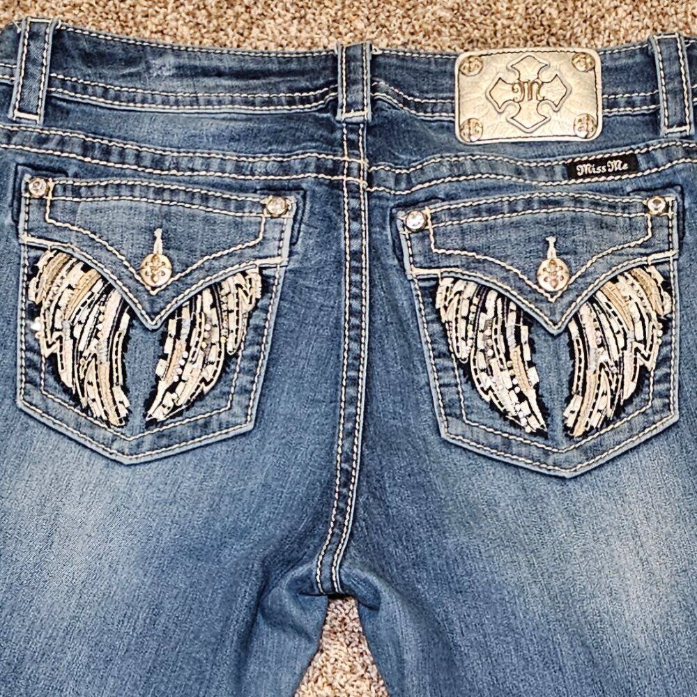 Miss Me Jeans Womens 32x35 Denim Boot Cut Angel Wings Bling Western Biker